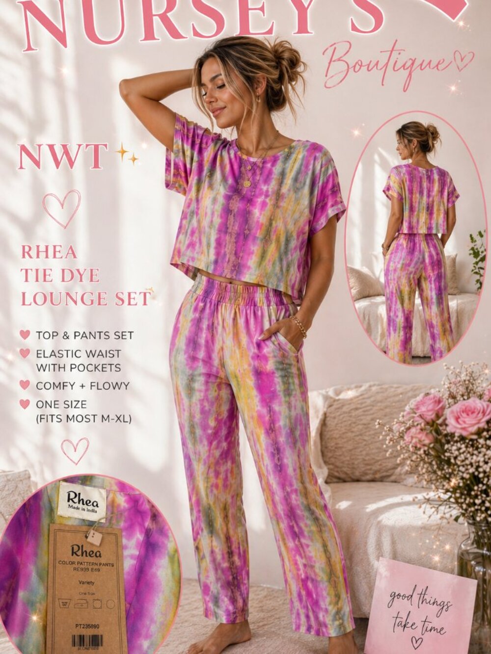 Rhea Tie Dye Lounge Set Boho Wide Leg Pants & Top OS NWT